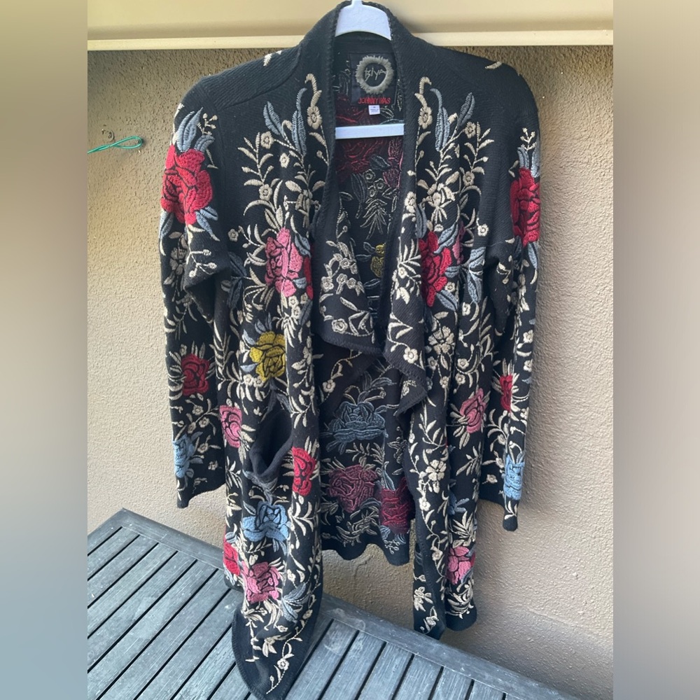 Johnny Was Biya black fully embroidered long cardigan sweater, size M